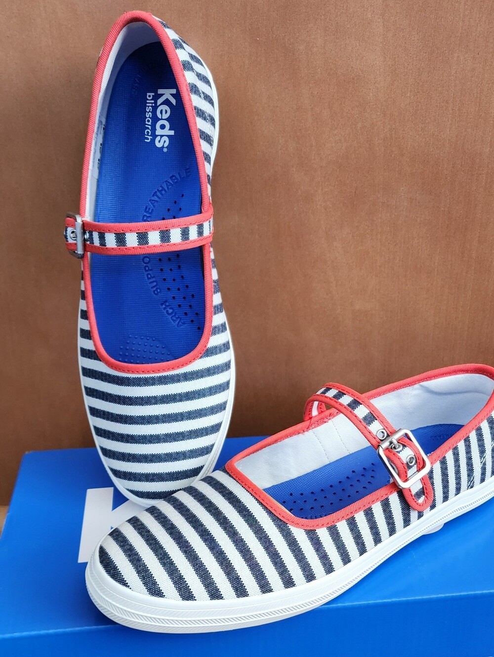 Keds Maisie Mary Jane Printed Stripe Twill White/Navy/Red
